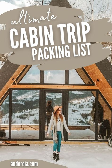 Planning a cabin trip? Make sure you pack everything on this list! From clothes and gear to food and entertainment, we've got you covered. Also don't forget to download our free printable cabin trip packing list before you go! Follow this board for the best travel tips and tricks! Cabin Things To Bring, Winter Cabin Trip Packing List, Big Bear Trip Essentials, Packing For Mountain Trip, Cabin Essentials Packing Lists, Outfits For Cabin Trip, Cabin Trip Outfit Spring, Mountain Vacation Packing List, Packing List Mountains