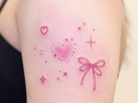 Pink Tattoo Ink, Tatuaje Hello Kitty, Pink Bow Tattoos, Gothic Tattoos, Kpop Tattoos, Cybercore Aesthetic, Pink Tattoo, Funky Tattoos, Small Pretty Tattoos