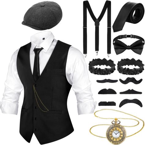 PRICES MAY VARY. What You Can Receive: the 1920 costumes for men come with 1 vest, 1 men beret hat, 1 old pocket watch, 1 bow tie, 1 tie, 1 Y shape back elastic belt suspenders and 6 false beards, the sufficient accessories can meet your needs Assorted Sizes of the Vest: the delicate vests in men outfit have 5 sizes, which provide you with most suitable size to wear; You can read the detailed sizes in the size chart and choose the right one Retro 1920s Memory: these gangster accessories will tak 1920 Costumes, Men Beret, 1920s Mens Costume, Belt Suspenders, 1920s Clothing, 60s Theme, 1920s Looks, 1920s Men, Old Pocket Watches