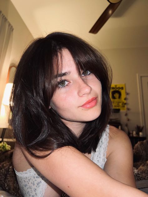 dark brown hair, straight medium length, curtain hair with layers inspo aesthetic, grunge, 2022 haircut inspiration, soft bangs, wispy curtain bangs, selfie pose inspo, instagram inspo, 60s shag, 70s shag, fringe curtain bangs Dark Hair With Bangs Aesthetic, Dark Brown Hair And Curtain Bangs, Layered Collarbone Length Hair With Curtain Bangs, Fringe Bangs Shoulder Length Hair, Short Layered Haircuts Shag, Short Hair With Soft Bangs, Short Brown Hair With Bangs Straight, Medium Length Haircut With Layers And Wispy Bangs, Chest Length Hair With Bangs