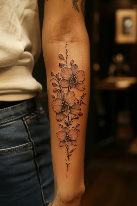 Meaning Of Orchid Flower Tattoo | 200+ Orchid Tattoo Designs Orchid Back Tattoo Women, Orchid Tattoo Wrap Around, Orchid And Sunflower Tattoo, Orchid Flower Tattoo, Orchid Tattoo Ideas, Tattoo Orchid, Orchids Tattoo, Orchid Tattoo Meaning, Aquarius Flower