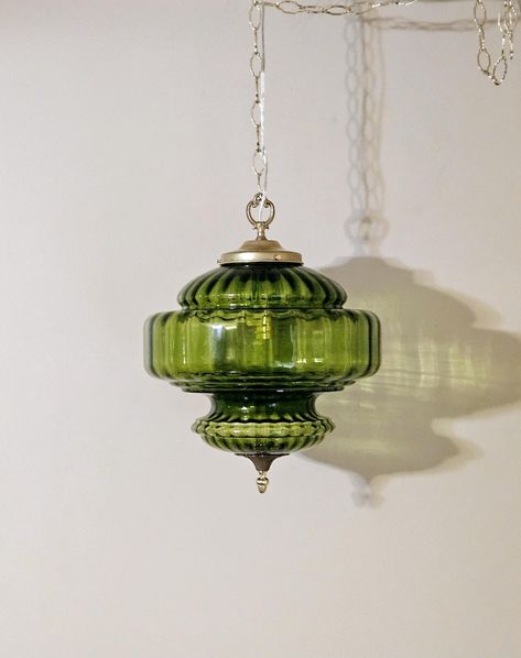 Boho Lamp, Mid Century Boho, Antique Light Fixtures, Swag Lamp, Lamp Retro, I Love Lamp, Swag Light, Vintage Green Glass, Gothic Home Decor