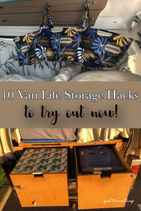 These are the ultimate van life storage hacks for living in a small space! It includes under the bed storage, shelves, organization and DIY guides. All of the best ideas to organize storage for a small space. These good ideas are going to take your van life to the next level! Click the link to see photos of my top storage hacks! Van Food Storage, Van Clothing Storage, Van Life Storage Hacks, Campervan Storage Hacks, Van Life Storage Ideas, Sprinter Van Storage Ideas, Van Life Organization, Camper Van Storage Ideas, Storage For Campers