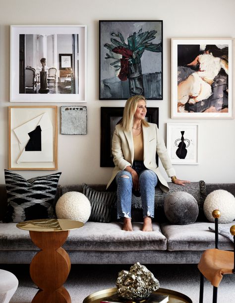 Eclectic Sophisticated Living Room, Blue Couch Interior Design, Eclectic Living Rooms, Rental Interior Design, Tali Roth, Croft House, Home Nyc, Steel Dining Table, Vintage Dining Chairs