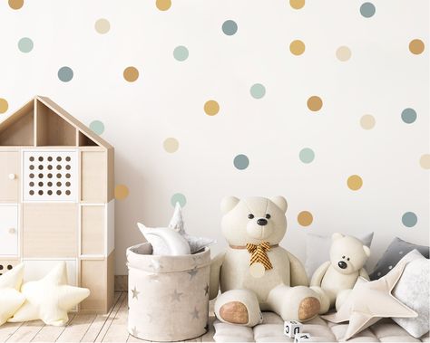 Earthy Neutral Polka Dot Wall Stickers, Natural Tones Nursery Wall Decals, Muted Tones Nursery Spot Stickers, Boho Baby Room Decor Spotty Wall, Green Playroom, Confetti Wall, Boho Baby Room, Kids Nursery Art, Modern Wall Decals, Polka Dot Wall Decals, Polka Dot Walls, Colour Story