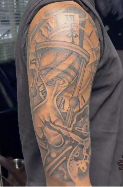 Half Sleeve Tattoos For Men Outer Arm, Top Of Shoulder Tattoo Men Ideas, Born King Tattoo Men, Clock Tattoo Design For Men Upper Arm, Unique Shoulder Tattoo For Men, Black Men Half Sleeve Tattoo Ideas, Half Sleeve Tattoos Black Mens Arm, Tattoo Ideas For Men Upper Arm, Upper Arm Tattoos For Black Guys