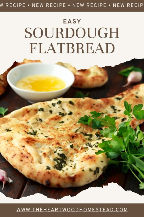 Easy Sourdough Flatbread Recipe with Discard or Active Starter - The Heartwood Homestead Easy Sourdough Flatbread, Discard Flatbread Recipes, Sourdough Flat Bread Recipe, Easy Sour Dough Flat Bread, Sourdough Starter Discard Recipes Healthy, Sour Dough Flatbread Recipes, Sourdough Discard Flatbread Pizza, Sourdough Discard Flatbread Recipes, Sourdough Discard Flat Bread