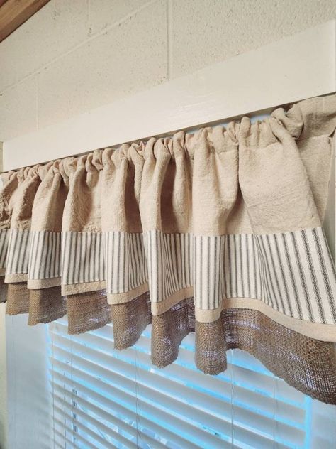 Burlap Valance, Drop Cloth Curtain, Rustic Curtains, Farmhouse Curtain, Kitchen Curtain, Farmhouse Valance, Tan Curtains, Bay Window Curtain - Etsy Burlap Curtains Living Room, Burlap Curtains Diy, Laundry Room Curtains, Curtains Bay Window, Bathroom Valance, Rustic Valances, Lace Bedroom, Tan Curtains, Lace Window Treatments