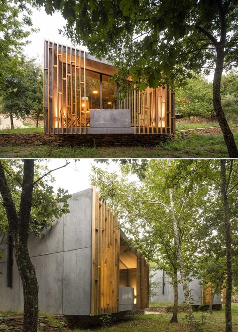 Modern Stone Cabin, Small Cabin Woods, Eco Cabin Design, Concrete And Wood Architecture, Wood And Concrete House, Wood And Concrete Architecture, Small Wood Cabin, Concrete Cottage, Concrete Cabin