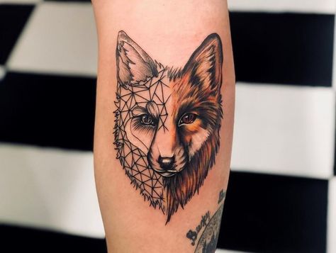 Fox Face Tattoo, Geometric Fox Tattoo, Deer Tattoo Designs, Geometric Animal Tattoo, Shoulder Tats, Geometric Fox, Coffee Tattoos, Deer Tattoo, Fox Face