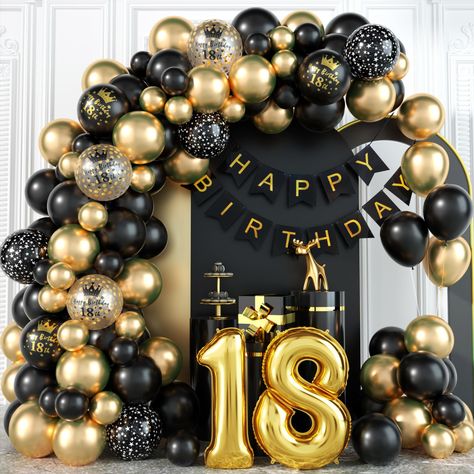 PRICES MAY VARY. 🎈Package Includes - 18th Black gold birthday decorations set includes 2 pcs 32 Inch gold number foil balloon(18), 1 pc black happy birthday banner, 3 pcs 12 inch black 18th printed balloons, 3 pcs 12 inch gold 18th confetti balloons, 4 pcs 12 inch black star printed balloons, 35 pcs 10 inch balloons (15 pcs metallic gold, 20 pcs black), 25 pcs 5 inch balloons (15 pcs metallic gold, 10 pcs black), 1 pc balloon strip, 1 pc dot glue (100 dots), 1 pc ribbon (10M). 🎈Premium Materia Black Theme Birthday Decoration, Black And Gold 18th Birthday Party Ideas, Balloon Garland For Men, Black And Gold Birthday Decor, Black And Gold Party Decorations For Men, Black Gold Party Decor, 18th Birthday Party Ideas For Boys, 18th Birthday Decorations For Boys, Gold Party Decor