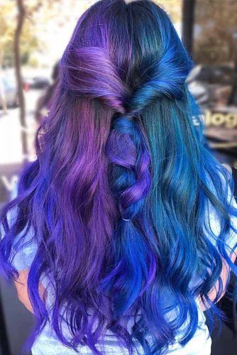 Blue And Purple Hair Looks That Will Amaze You ★ See more: https://glaminati.com/blue-and-purple-hair-looks/ Purple And Blue Hair Balayage, Purple To Brown Hair, Half And Half Hair Color Purple, Half Purple Half Blue Hair, Hogwarts Jewelry, Regular Hairstyles, Dye Hairstyles, Detail Nails, Blue And Purple Hair