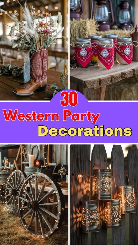 Get ready to throw the ultimate Western party with these 25 amazing decoration ideas! From hay bale seating to cowboy hat centerpieces, these ideas will bring a rustic charm to your event.  Perfect for creating a fun and authentic Western vibe that your guests will love. Check out these easy-to-create decorations and transform your space into a Wild West celebration! Wild West Table Centerpieces, Decorating With Cowboy Hats, Western Style Birthday Party Ideas, Cowboy Party Centerpiece Western Theme, Western Party Ideas Cowboy Theme, Western Theme Table Decorating Ideas, Country Western Centerpiece Ideas, Western Saloon Party Decor, Western Themed Centerpieces Table Decorations