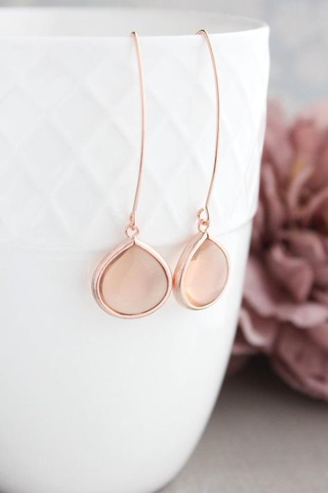 Rose Gold Earrings, Peach Blush Glass, Simple Design Long Dangle, Nickel Free Lightweight, Peach Pin Pink Jewels, Rose Gold Frame, Peach Blush, Jeweled Earrings, Rare Crystal, Perfect Palette, Fall Jewelry, Blush Wedding, Jewelry For Her