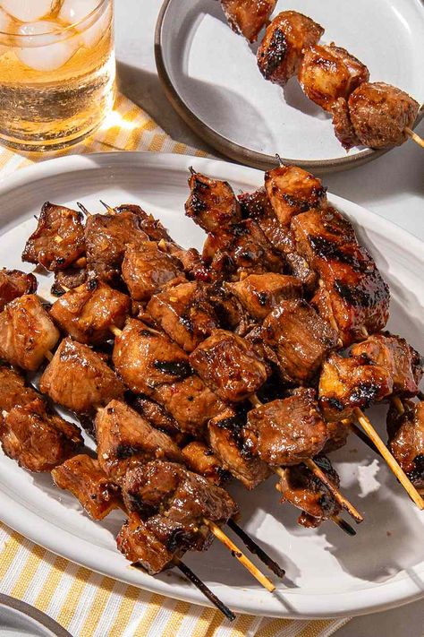 Grilled Pork Skewers, Meat Entrees, Sticky Sauce, Pork Skewers, Boneless Pork Shoulder, Skewer Recipes, Protein Nutrition, Marinated Pork, Guy Stuff