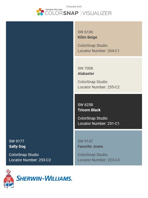 I just created this color palette with the Sherwin-Williams ColorSnap® Visualizer app on my Android phone. What do you think? You can learn more about ColorSnap Visualizer and get it on your phone free by visiting https://www.sherwin-williams.com/content/colorsnap.html. Sherwin Williams Salty Dog Cabinets, Salty Dog Coordinating Colors, Needle Point Navy Sherwin Williams, Sherwin Williams Naval Color Palette, Salty Dog Sherwin Williams, Sherwin Williams Navy Blue, Sherwin Williams Salty Dog, Brown Brick Exterior, Blue Tile Backsplash Kitchen