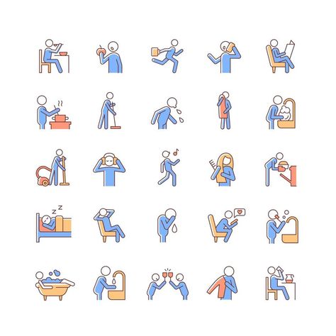 Illustrations Simple, Daily Routine Activities, Dibujo Simple, Color Icons, Activities Of Daily Living, Outline Illustration, Line Drawings, Time Activities, Human Activity