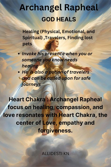 Archangel Rapheal brings healing and wholeness to all levels physical, emotional and spiritual. Invoke his presence when you or a loved one needs healing. #archangelrapheal #healing #wholeness #recovery #physicalhealing #emotionalhealing #spiritualhealing Arc Angels, All Archangels, Archangel Raziel, Reunion Quotes, Angel Guides, Guardian Angel Pictures, Angel Therapy, Light Beings, Archangel Prayers