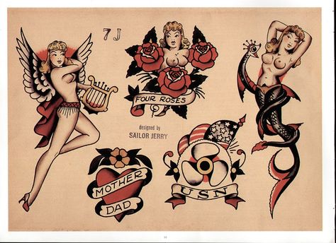 Traditional Tattoo Girls, Vintage Tattoo Flash, Sailor Jerry Tattoo, Sailor Jerry Flash, Sailor Jerry Tattoo Flash, Love Heart Tattoo, Jerry Tattoo, Sailor Tattoos, Traditional Tattoo Inspiration