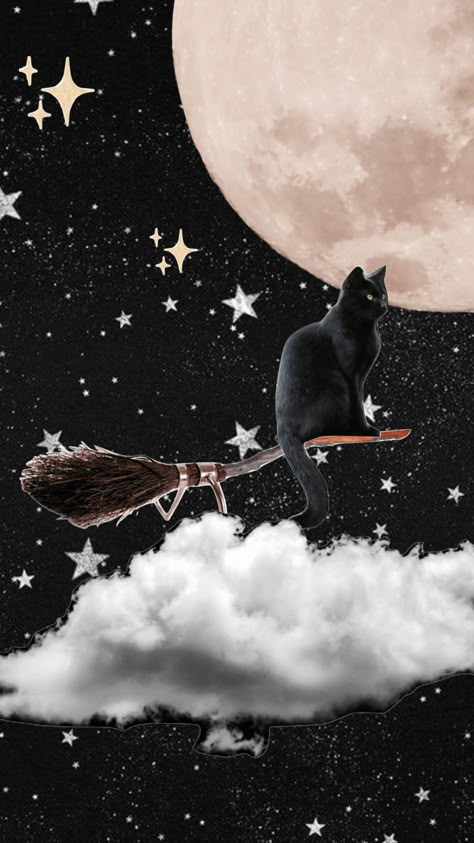 Witchy Black Cat, Celestial Halloween, Black Cat Halloween Wallpaper, Spooky Moon, Spooky Cat, Helloween Wallpaper, Witch Wallpaper, Black Cat Art, Photography Illustration