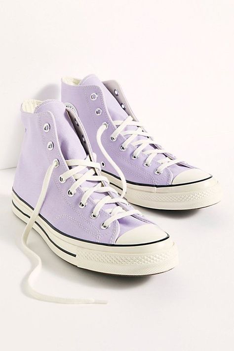 Spring Streetwear High-top Sneakers With Gum Sole, Purple Canvas Sneakers With Round Toe, Purple High-top Sneakers With Vulcanized Sole, Spring High-top Sneakers With Rubber Toe Cap, Purple High-top Lace-up Sneakers With Vulcanized Sole, Spring Cotton High-top Sneakers With Round Toe, Purple Lace-up High-top Sneakers With Vulcanized Sole, Spring Cotton High-top Sneakers, Spring High-top Sneakers For Streetwear With Speckled Midsole