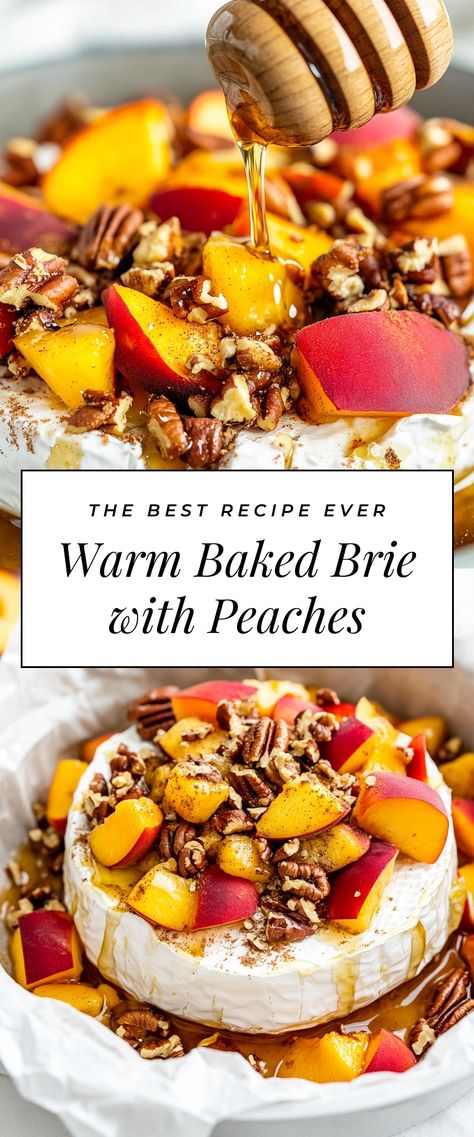 Image for Warm Baked Brie with Peaches Brie Peach Appetizer, Recipes With Brie Cheese, Peach Appetizer, Baked Brie Cheese, Brie Cheese Recipes, Caramelized Peaches, Clematis Varieties, Baked Brie Recipes, Food Finger