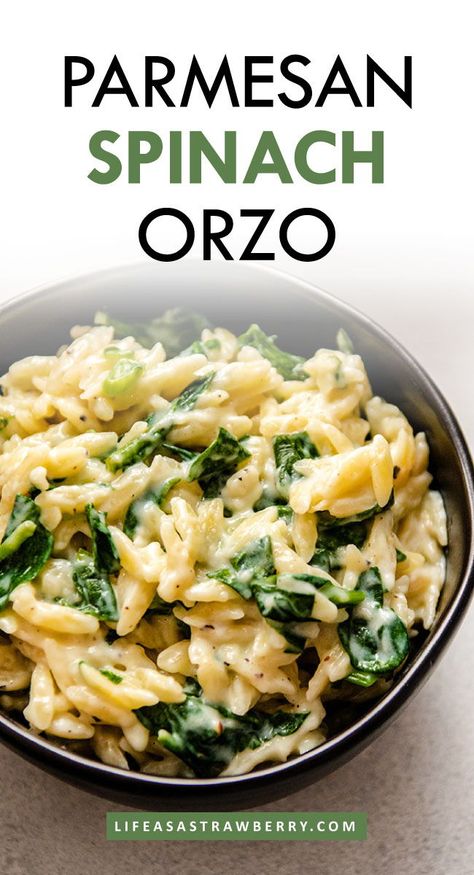 Orzo Recipes Side, Spinach Orzo, Parmesan Spinach, Parmesan Orzo, Shrimp Sausage, Garlic Spinach, Side Dishes For Chicken, Chicken Shrimp, Orzo Recipes