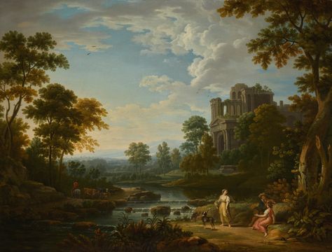 Landscape With Figures, Rococo Art, River Landscape, Monet Paintings, Historical Painting, Soyut Sanat Tabloları, European Paintings, Classic Paintings, Up Book