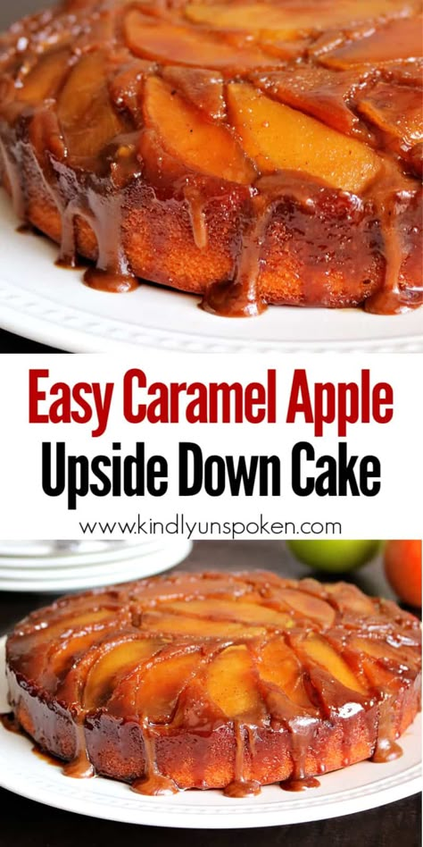 Get my Easy Caramel Apple Upside Down Cake recipe for a beautiful and delicious Fall cake everyone will love! This is the best caramel apple upside down cake you'll ever eat and it features a homemade vanilla cake, topped with a delicious caramel sauce and fresh sliced apples, and baked upside down to perfection. #upsidedowncake #fallcake #applecake #caramelapplecake Filled Desserts, Caramel Apple Upside Down Cake, Rolled Cakes, Fruity Cakes, Homemade Caramel Apple, Easy Homemade Caramel, Fall Yummies, Apple Upside Down Cake, Caramel Apple Desserts