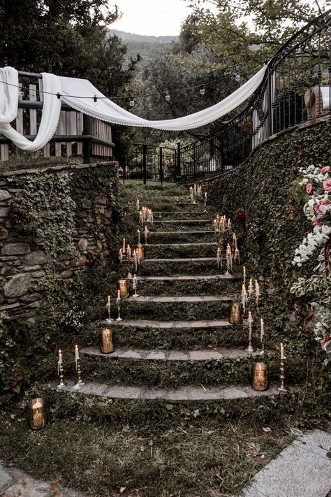 This dreamy reception entranceway features candlesticks + a garden feel | Image by Lilly Red Creative Wedding Goth, Boho Glam Wedding, Gothic Wedding Theme, Witch Wedding, Baroque Wedding, Dark Wedding Theme, Medieval Aesthetic, Halloween Themed Wedding, Hippie Wedding