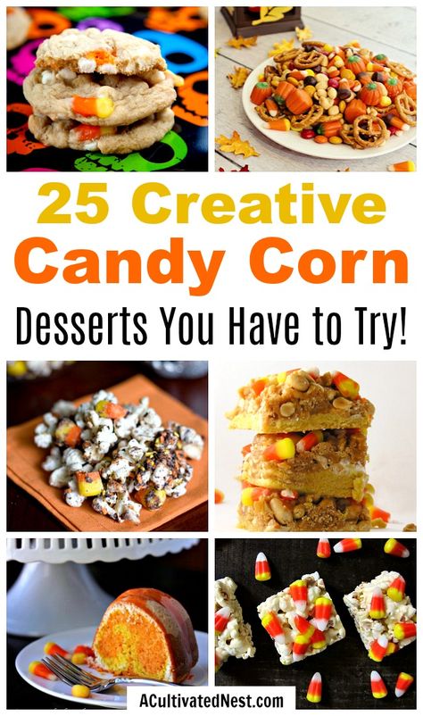 25 Creative Candy Corn Recipes- If you love candy corn, then you've got to check out these 25 creative candy corn recipes! These are wonderful fall or Halloween dessert ideas! And they're a great way to use up leftover Halloween candy! | candy corn desserts, candy corn themed food, #dessert #recipe #candyCorn #Halloween #fall #food #cookies #cake #ACultivatedNest Candy Corn Recipes Easy, Recipes Using Candy Corn, Candy Corn Recipe Desserts, Season Wheel, Candy Corn Recipes, Cereal Mixes, Candy Corn Desserts, Samhain Recipes, Halloween Dessert Ideas