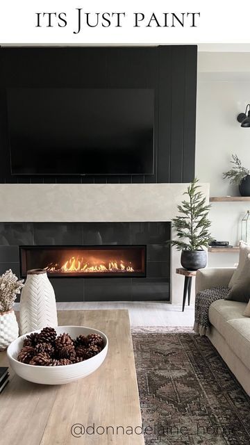 Dark Electric Fireplace Wall, Linear Electric Fireplace Ideas, Fireplace Wall Black, Black Fireplace Design, Roman Clay Mantle, White Living Room Black Fireplace, Living Room Black Fireplace, Diy Black Fireplace, White Fireplace Black Mantel