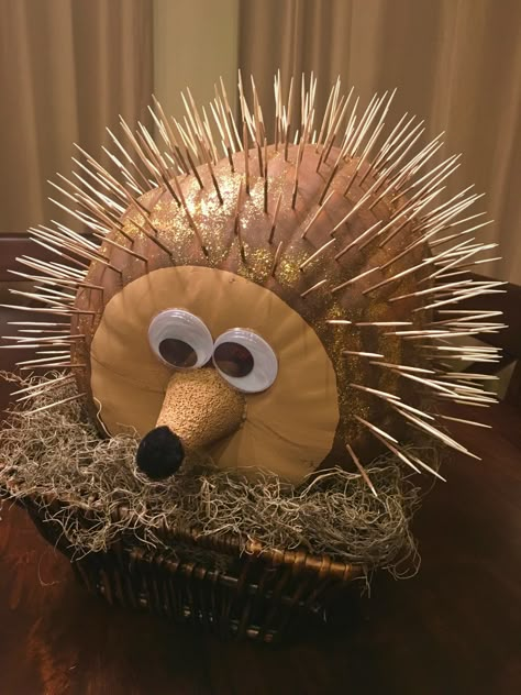 Pumpkin Contest Porcupine!  No carve decorating Contest  Winner! Used 300 toothpicks, styrofoam nose, paint, googly eyes. Porcupine Pumpkin Ideas, Styrofoam Pumpkin Decorating, Pumpkin Painting Creative Ideas, Pumpkin Contest Winners No Carve, Porcupine Pumpkin Decorating, Pumpkin Contest No Carve, Pineapple Pumpkin Painting, Pumpkin Contest Ideas No Carve Winners, Creative No Carve Pumpkin Ideas