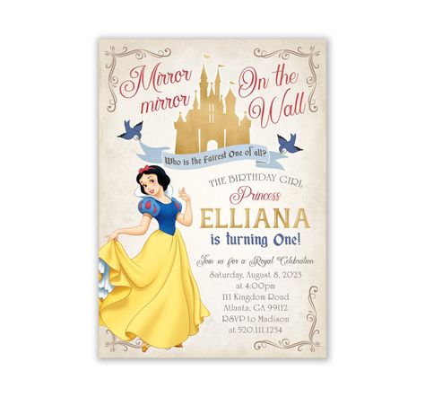 Snow White First Birthday Party Invitations, Snow White Birthday Invitations, Snow White First Birthday Party, Snow White Invitations, First Birthday Invitation Cards, Undangan Digital, Snow White Birthday Party, Princess Snow White, White Invitation