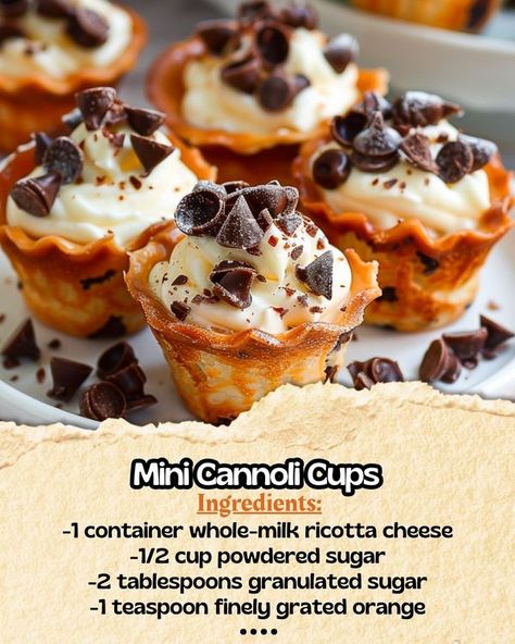 Easy Recipes Cannoli Cups, Mini Cannoli, Phyllo Cups, Cannoli, Ricotta Cheese, Whole Milk, Granulated Sugar, Powdered Sugar, Easy Recipes