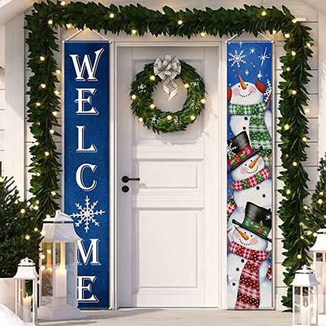 Package Included: You will receive 2 Christmas snowman banners, 1 x welcome banner sign, 1 x snowman banner sign, each sign measures 30 x 180 cm / 71 x 12 inches, is large enough for most door decoration and add a festive vibe to a Christmas winter party. Exquisite Design: The Christmas porch sign banners are in blue as the main color, one of them is printed with a welcome sign, the other is a cute snowman design, and is dotted with snowflakes, adding a strong winter festive atmosphere. Blue Christmas Front Door Cover, Winter Door Signs Front Porch, Snowman Bedroom Door, Christmas Out Door Signs, Christmas Door Hangers Blue, Winter Theme Classroom Doors, Blue Green Plaid Christmas Front Door, Winter Theme Doors For Preschool, Winter Doors For Preschool