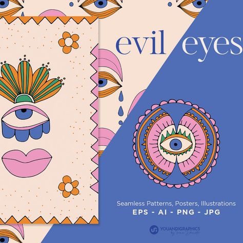 Evil Eyes Graphics Posters Patterns, a Graphic by Youandigraphics Evil Eye Illustration, Ribbon Illustration, Eye Illustration, Devil Eye, Creative Graphics, Evil Eyes, Evil Eye, Seamless Patterns, Illustration Design