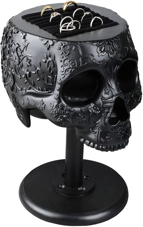 Human skull sculpture with ring holder top. Gothic Decor Bedroom, Jewelry Trays, Handmade Skulls, Ring Organizer, Gothic Furniture, Dark Home Decor, Display Jewelry, Goth Home, Goth Home Decor