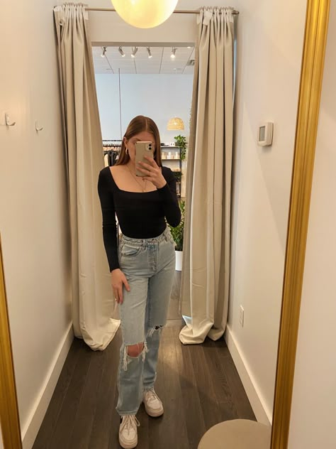 Body Suit And Jeans Outfits Winter, Aritzia Black Bodysuit Outfit, Black Body Suit Outfit Jeans Fall, Longsleeve Bodysuit Outfit Ideas, Babaton Bodysuit Outfit, Black Long Sleeve With Jeans, Aritzia Square Neck Bodysuit Outfit, Long Sleeve Bodysuit Outfit Fall, Body Suit Long Sleeve Outfit