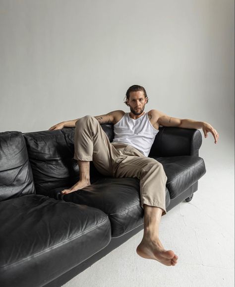 Men Chair Poses, Couch Poses Men, Reclining Pose Reference Male, Lying On Lap Pose, Relaxed Male Pose, Lounging On Couch Pose, Sitting Man Reference, Sitting On The Couch Pose, Man Lounging Pose