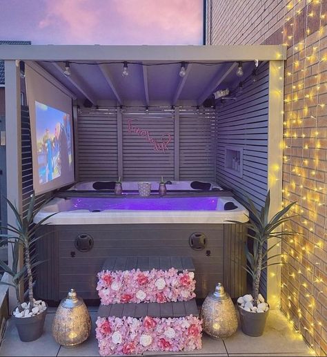 Diy Patio Garden, Light Grey Paint, Blush Pink Paint, Garden Wall Decoration, Tub Accessories, Backyard Spa, Hot Tub Room, Hot Tub Patio, Dark Grey Paint