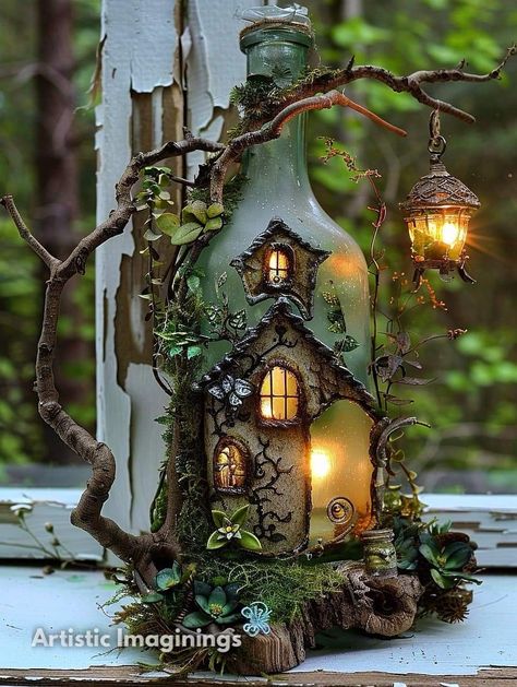 Jar Fairy House, Fairy House Jar, Decorating Bottles, Fairy Tree Houses, Fairy House Crafts, Fairytale House, Fairy House Diy, Houses Ideas, Fairy Home