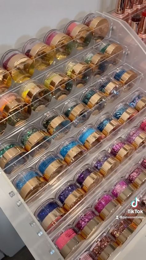 taliasnailtales on Instagram: Nail Studio Organizing 😎 . @glitterbels loose #glitters from @thenailthrone . This Reel was way too much fun to create 🤣 . (Polish racks… Nail Accessories Organizer, Nail Supplies Storage, Nail Dip Storage Ideas, Dip Powder Organization, Dip Powder Storage Ideas, Glitter Organization Storage, Nail Salon Storage, Nail Supply Storage, Nail Organization Ideas