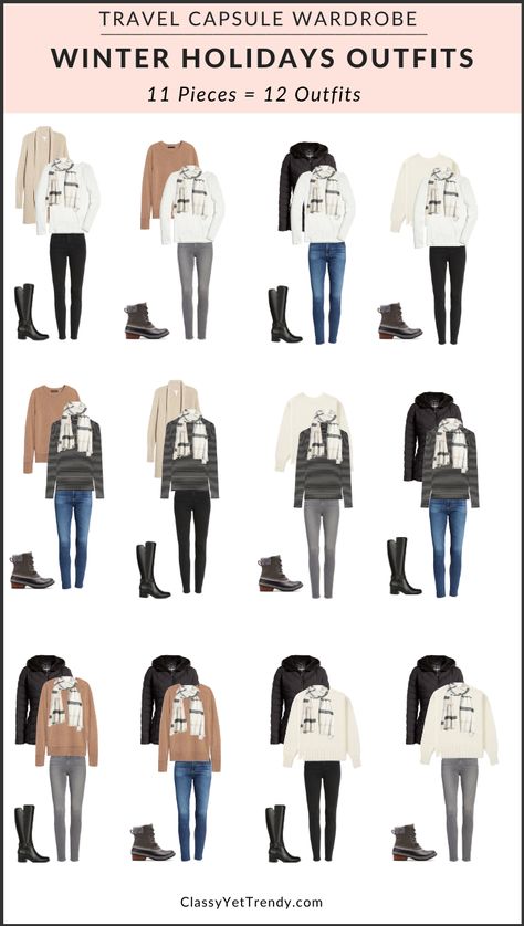 Winter Holidays Travel Capsule Wardrobe: 11 Pieces = 12 Outfits - Classy Yet Trendy Winter Capsule Wardrobe Travel, Winter Travel Wardrobe, Travel Capsule Wardrobe Summer, Trip Fashion, Winter Holiday Outfits, Holiday Capsule Wardrobe, Fall Travel Outfit, Classy Yet Trendy, Winter Travel Outfit