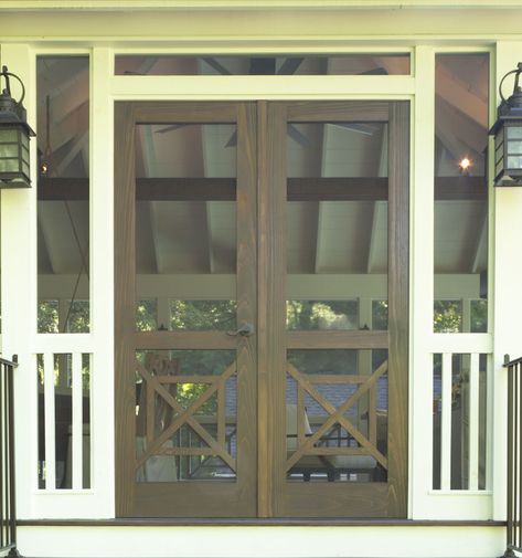 Screen Porch Doors Entrance, Door Joinery, Screened Porch Doors, Double Screen Doors, Craftsman Cabinets, Lake Deck, Craftsman Porch, Sunroom Patio, Craftsman Houses