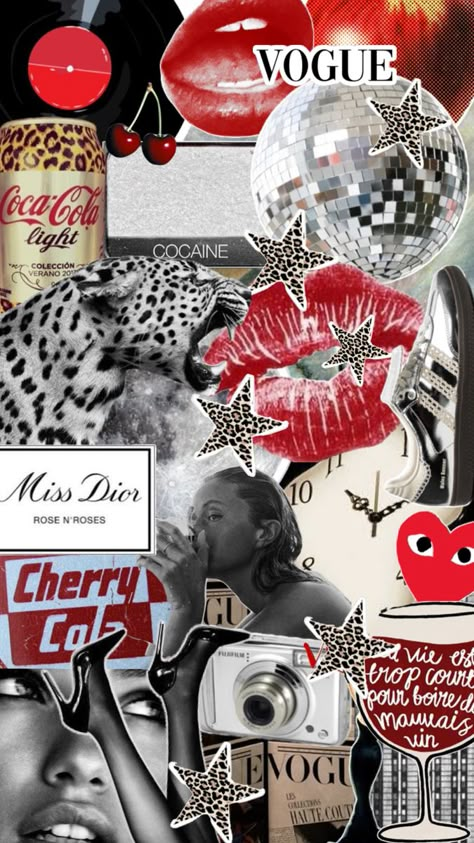 red and silver collage, vogue, leopard print, kiss,coca cola,mirrorball, stargirl, cherry, cool girl vibes Light Aesthetic Wallpaper, Red And Silver Wallpaper, Leopard Print Tattoos, New York City Aesthetic, Light Aesthetic, Retro Wallpaper Iphone, Iphone Wallpaper Pattern, Red And Silver, Cute Patterns Wallpaper