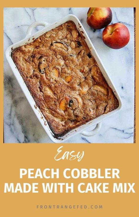 Enjoy a great summer recipe with this easy peach cobbler, made easy using a yellow boxed cake mix. Featuring fresh peaches, this peach dump cake is a simple and quick homemade dessert that requires just a handful of ingredients and bakes into a delicious soft buttery crust with a juicy peach filling. It pairs perfectly with a scoop of vanilla ice cream for an extra touch of indulgence. Learn more at www.frontrangefed.com. Box Cake Mix And Peaches, Peach Ice Cream Recipe, Cake Mix Cobbler, Peach Filling, Peach Cobbler Dump Cake, Easy Peach Cobbler, Peach Dump Cake, Baked Peach, Peach Cobbler Easy