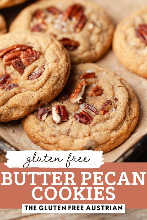 Crispy edges, chewy centers, and an irresistible nutty flavor - these gluten-free butter pecan cookies are next-level delicious! The secret? Browned butter and perfectly toasted pecans for a rich, buttery taste you’ll love. Perfect for holidays, gifts, or satisfying your cookie cravings! Gluten Free Butter Pecan Cookies, Gluten Free Pecan Recipes, Gluten Free Brown Butter Cookies, Gluten Free Pecan Cookies, Gluten Free Butter Cookies, Caramel Pecan Cookies, Cookies With Brown Butter, Coconut Pecan Cookies, Gluten Free Breakfast Ideas