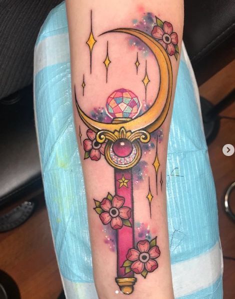 Sailor Moon Forearm Tattoo, Sailor Moon Tattoo Wand, Sailor Moon Sleeve Tattoo, Moon Stick Tattoo, Sailor Moon Wand Tattoo, Scepter Tattoo, Stab Tattoo, Sailor Moon Tattoo Ideas, Ny Tattoo