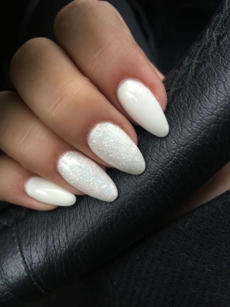 White And Silver Nails Acrylic Almond, Frosted White Nail Designs, White Bridal Nails Sparkle, Glittery White Nails Acrylic, White Oval Nails With Glitter, Prom Nails White And Silver Almond, White Glitter Powder Nails, Nails Acrylic White Sparkle, White Sparkle Wedding Nails